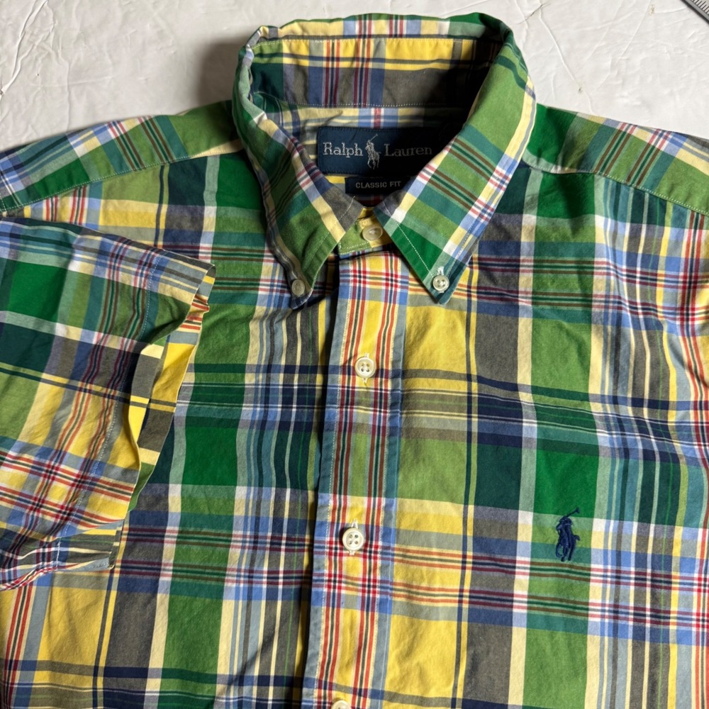 Ralph Lauren Mens Classic Fit Plaid Short Sleeve Button Down Shirt GreenYellow M